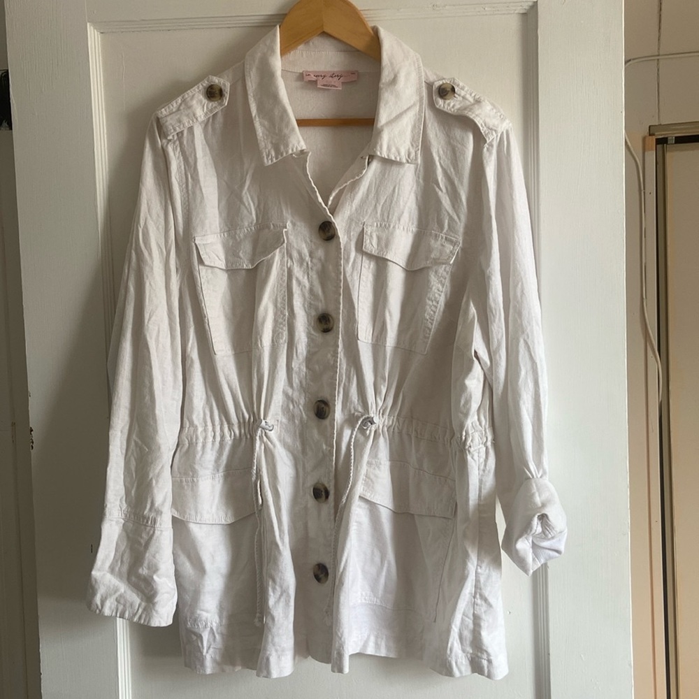 White Button Up Linen Blend Long Jacket Size 16